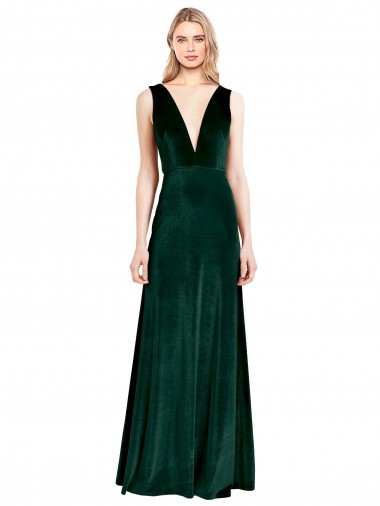 Affordable A-Line V-Neck Stretch Velvet Long Dark Green Evening Dress Canada