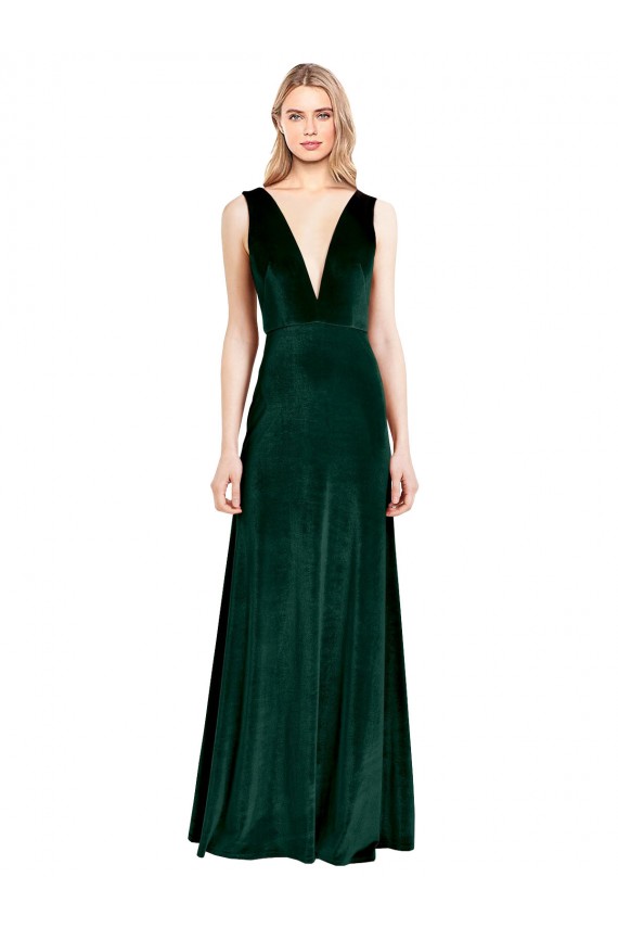 Affordable A-Line V-Neck Stretch Velvet Long Dark Green Evening Dress Canada