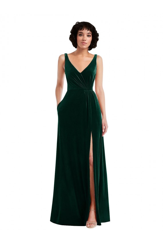 Affordable A-Line V-Neck Stretch Velvet Long Dark Green Evening Gown Canada