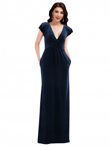 Affordable A-Line V-Neck Stretch Velvet Long Dark Navy Formal Dress Canada