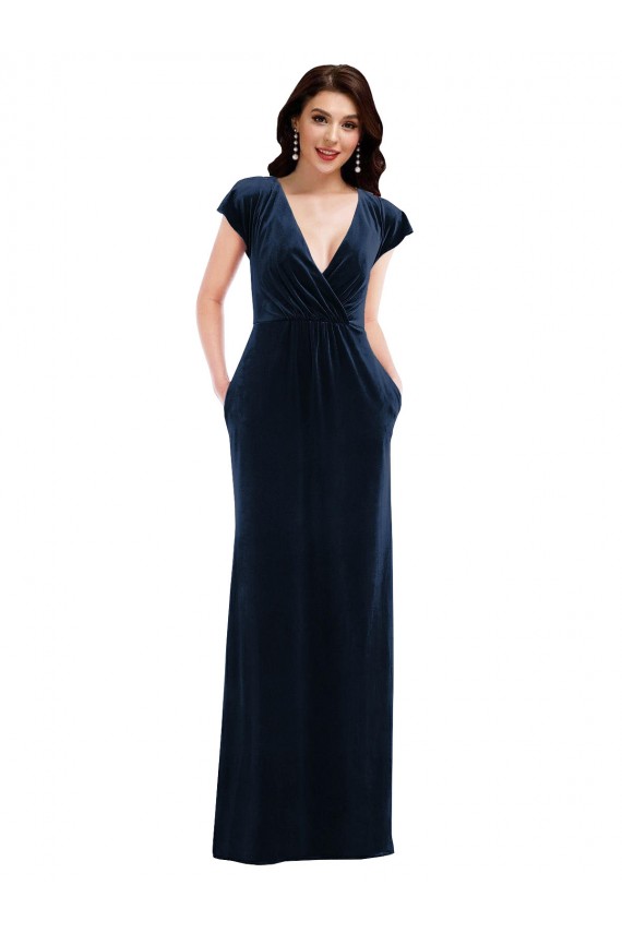Affordable A-Line V-Neck Stretch Velvet Long Dark Navy Formal Dress Canada