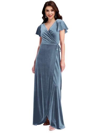 Affordable A-Line V-Neck Stretch Velvet Long Dusty Blue Black Tie Evening Dress Canada