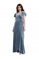 Affordable A-Line V-Neck Stretch Velvet Long Dusty Blue Black Tie Evening Dress Canada