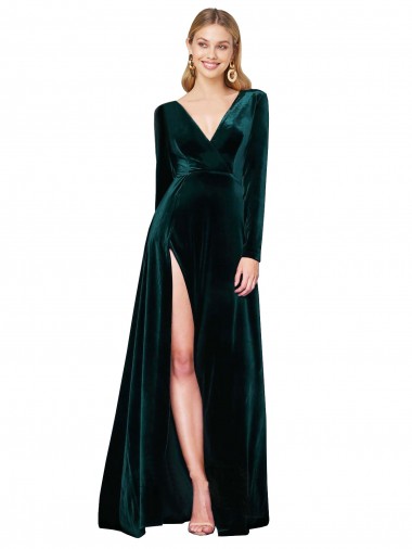 Affordable A-Line V-Neck Stretch Velvet Sweep Train Dark Green Black Tie Evening Dress Canada