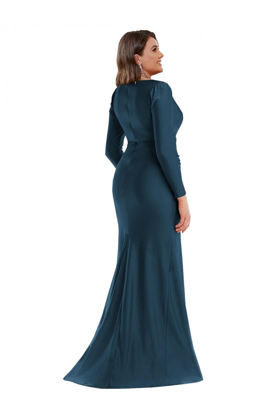 Affordable Mermaid V-Neck Silky Satin Long Atlantic Blue Formal Plus Size Evening Dress Canada