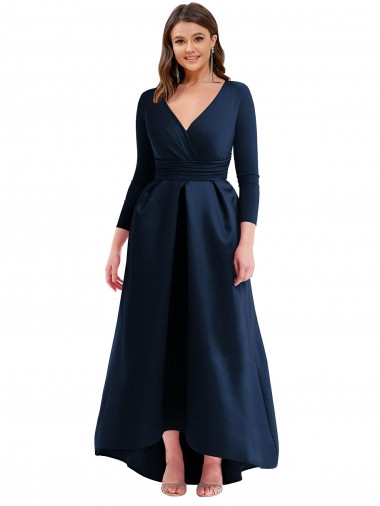 Affordable Ball Dress V-Neck Spandex Long Dark Navy High Low Plus Size Evening Dress Canada