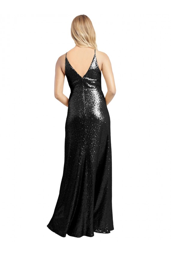 Affordable A-Line V-Neck Sequin Long Black Formal Evening Dress Canada