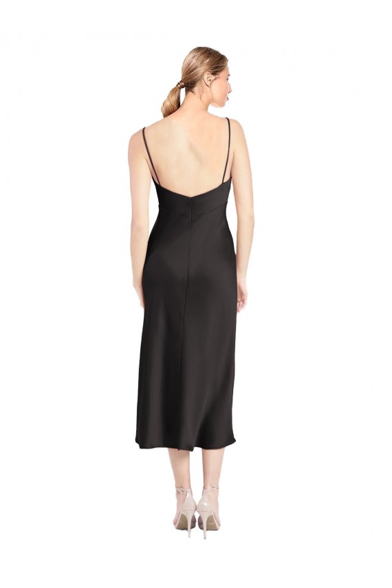Affordable A-Line Cowl Neck Stretch Satin Midi Length Black Formal Evening Dress Canada
