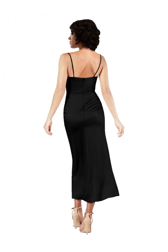 Affordable A-Line Cowl Neck Silky Satin Tea Length Black Formal Evening Dress Canada