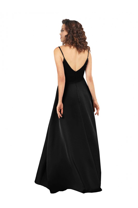 Affordable A-Line V-Neck Silky Satin Long Black High Low Evening Dress Canada