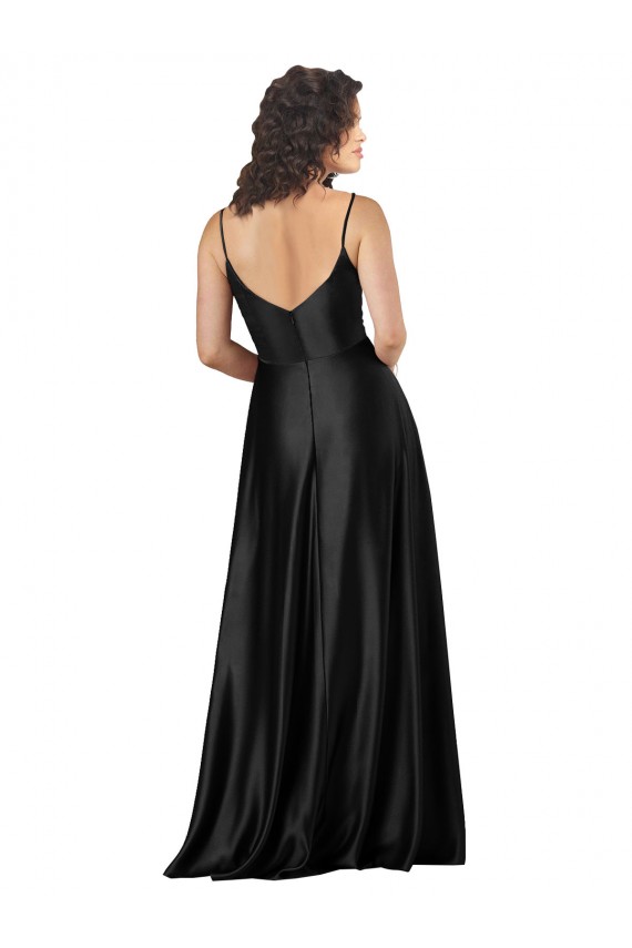 Affordable A-Line V-Neck Silky Satin Long Black Formal Dress Canada