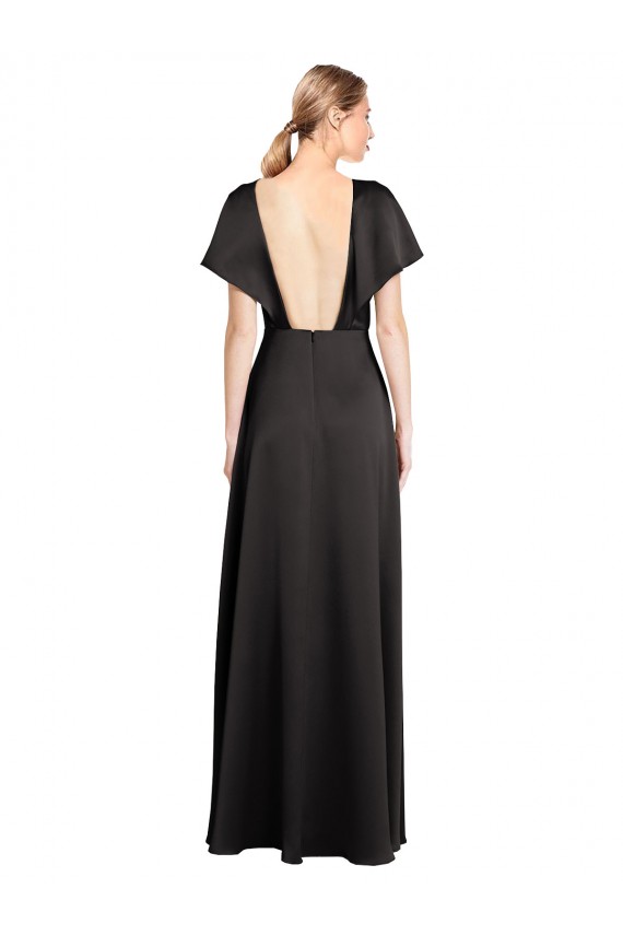 Affordable A-Line V-Neck Stretch Satin Long Black Evening Dress Canada