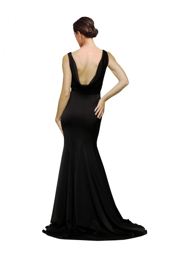 Affordable A-Line V-Neck Silky Satin Sweep Train Black Formal Evening Dress Canada