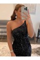 Affordable Sheath One Shoulder Velvet Sequins Short Black Velvet Sequin Evening Dress Canada