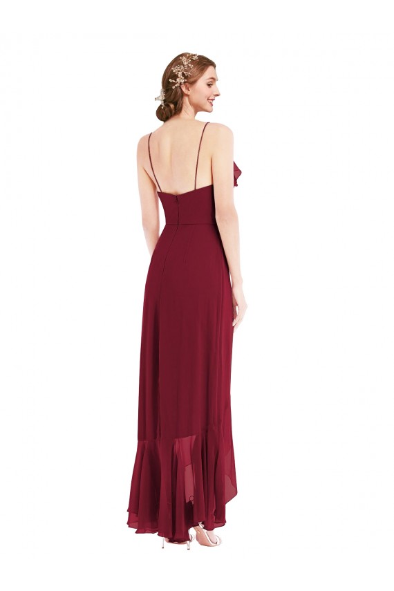 Affordable A-Line V-Neck Soft Chiffon Long Burgundy High Low Evening Dress Canada