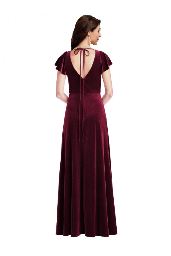 Affordable A-Line V-Neck Stretch Velvet Long Burgundy Semi Formal Evening Dress Canada