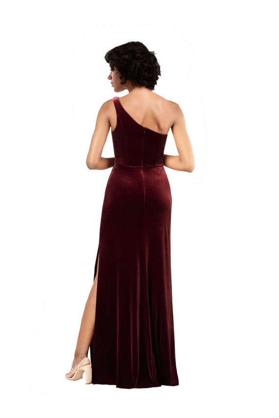 Affordable Column One Shoulder Stretch Velvet Long Burgundy Formal Evening Dress Canada
