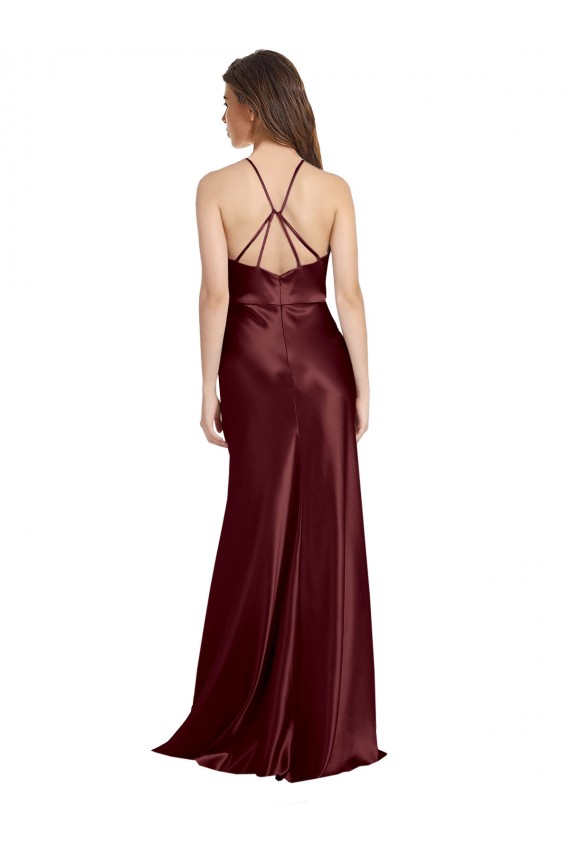 Affordable A-Line V-Neck Stretch Satin Long Burgundy Gold Formal Evening Dress Canada