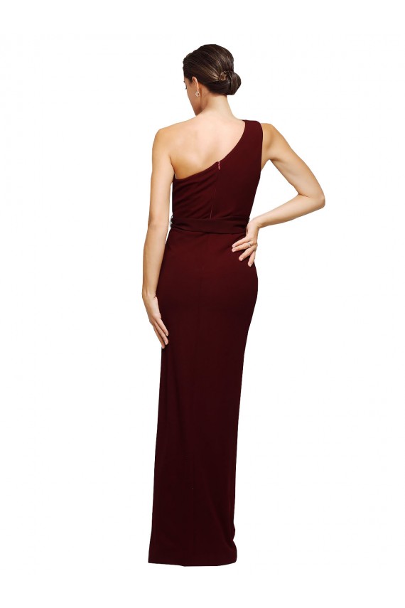 Affordable Sheath One Shoulder Stretch Crepe Long Burgundy Gold Black Tie Evening Dress Canada