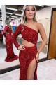 Affordable Mermaid One Shoulder Velvet Sequins Sweep Train Burgundy Velvet Sequin Evening Dress Canada
