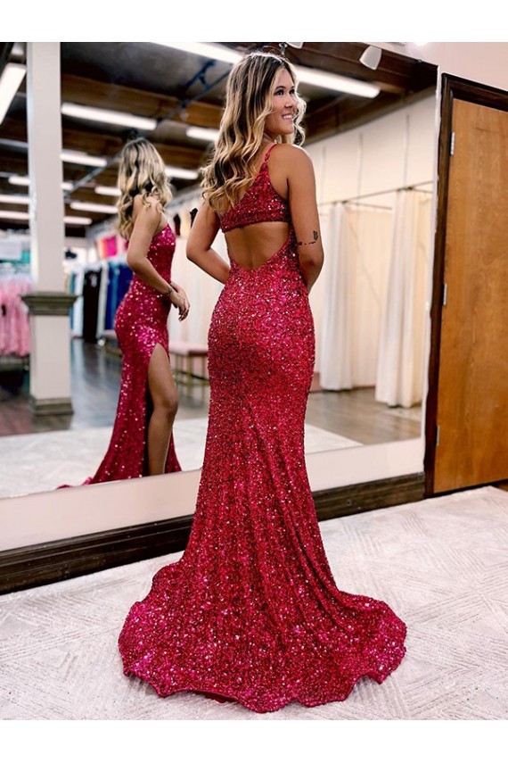 Affordable Mermaid One Shoulder Velvet Sequins Sweep Train Burgundy Velvet Sequin Evening Gown Canada