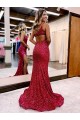 Affordable Mermaid One Shoulder Velvet Sequins Sweep Train Burgundy Velvet Sequin Evening Gown Canada