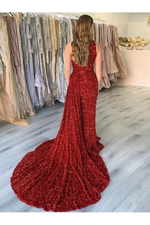 Affordable Sheath One Shoulder Velvet Sequins Court Train Burgundy Velvet Sequin Evening Dress Canada
