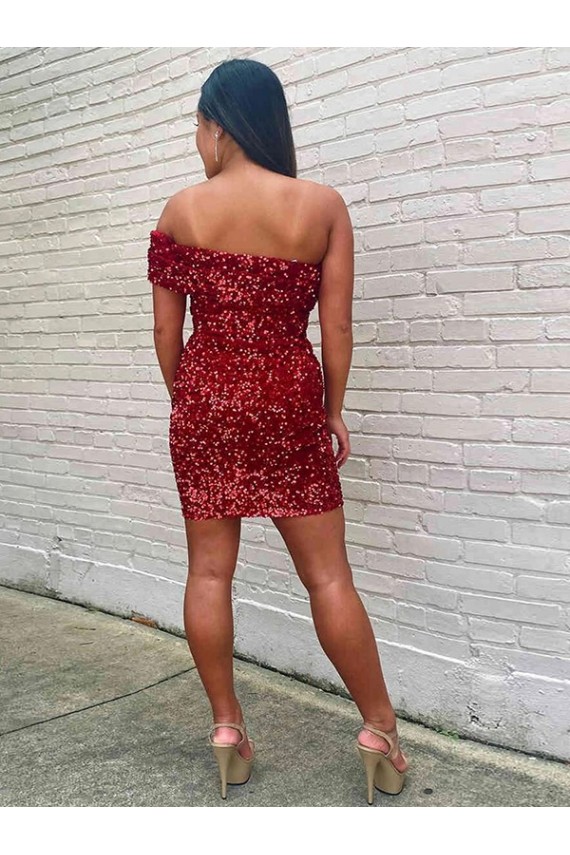 Affordable Sheath One Shoulder Velvet Sequins Short Burgundy Velvet Sequin Evening Dress Canada