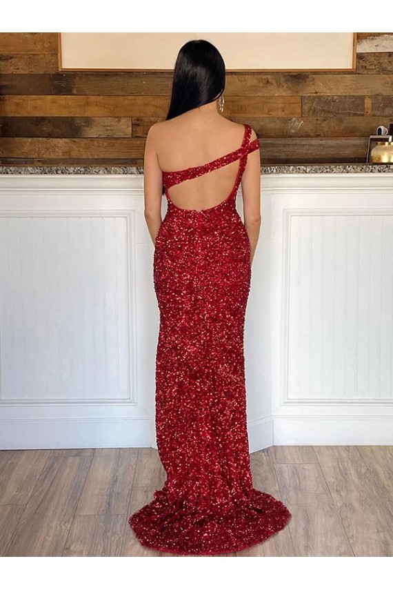 Affordable Sheath One Shoulder Velvet Sequins Sweep Train Burgundy Velvet Sequin Evening Dress Canada