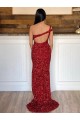 Affordable Sheath One Shoulder Velvet Sequins Sweep Train Burgundy Velvet Sequin Evening Dress Canada