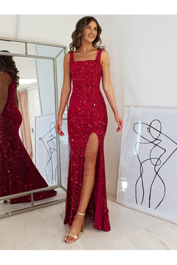 Affordable Sheath Square Neck Velvet Sequins Long Burgundy Velvet Sequin Evening Dress Canada