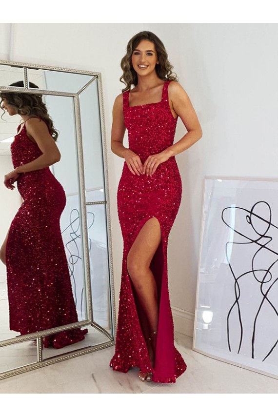 Affordable Sheath Square Neck Velvet Sequins Long Burgundy Velvet Sequin Evening Dress Canada