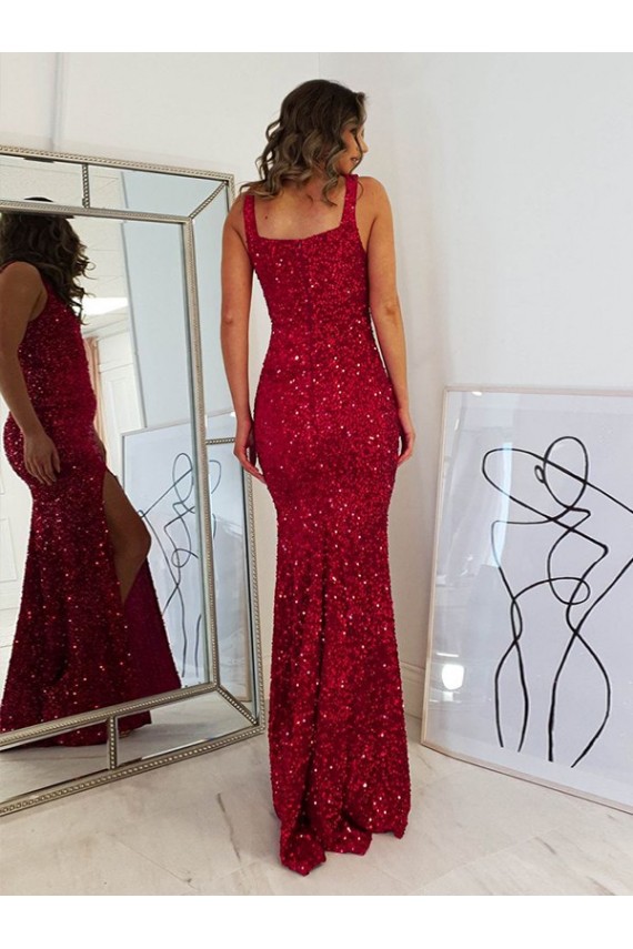 Affordable Sheath Square Neck Velvet Sequins Long Burgundy Velvet Sequin Evening Dress Canada
