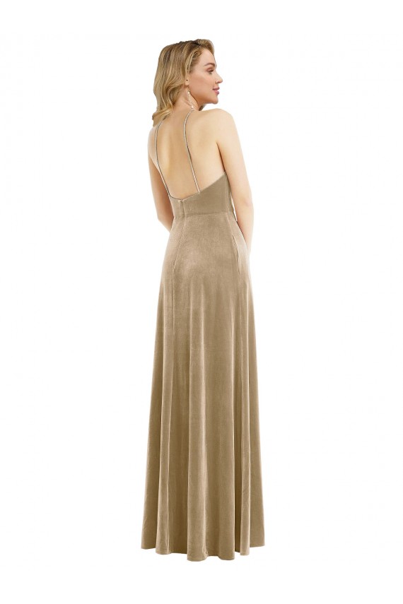 Affordable A-Line High Neck Stretch Velvet Long Champagne Semi Formal Evening Dress Canada