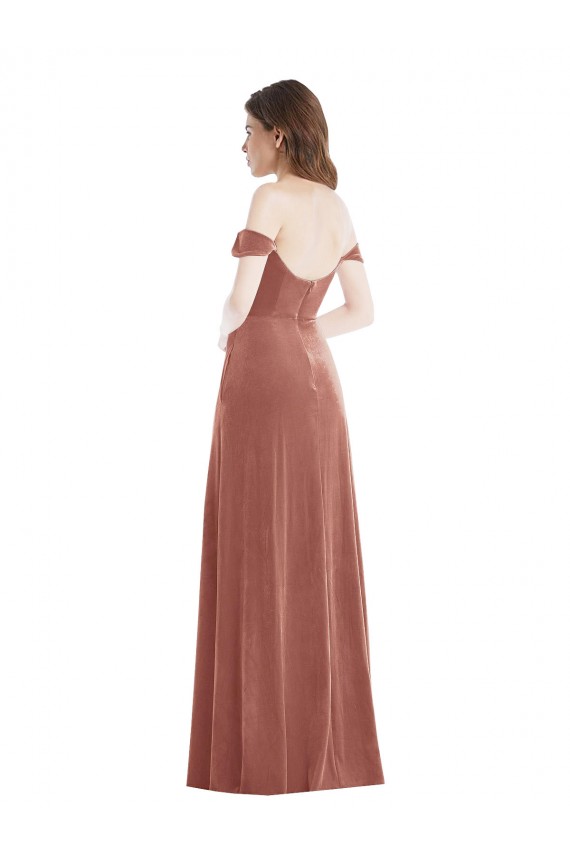 Affordable A-Line Off the Shoulder Stretch Velvet Long Cinnamon Rose Semi Formal Evening Dress Canada