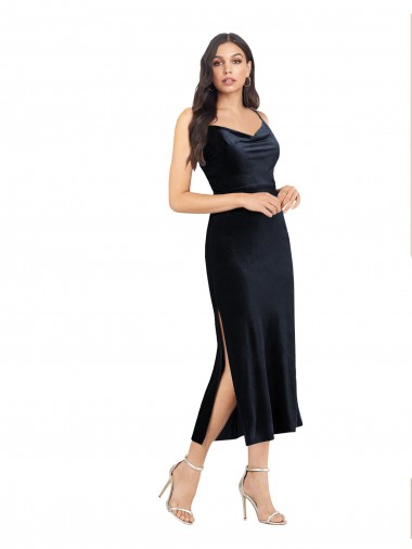 Affordable Column Cowl Neck Stretch Velvet Midi Length Dark Navy Formal Evening Dress Canada