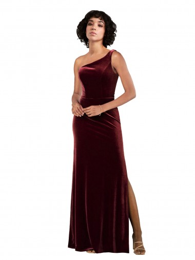 Affordable Column One Shoulder Stretch Velvet Long Burgundy Formal Evening Dress Canada
