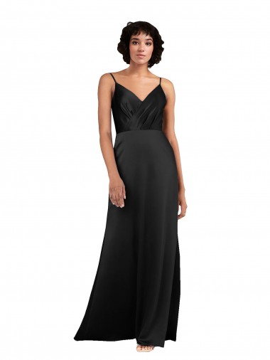 Affordable Column V-Neck Silky Satin Long Black Formal Evening Dress Canada