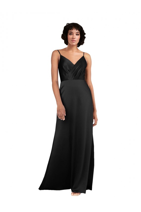 Affordable Column V-Neck Silky Satin Long Black Formal Evening Dress Canada