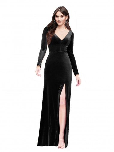 Affordable Column V-Neck Stretch Velvet Long Black Formal Evening Dress Canada