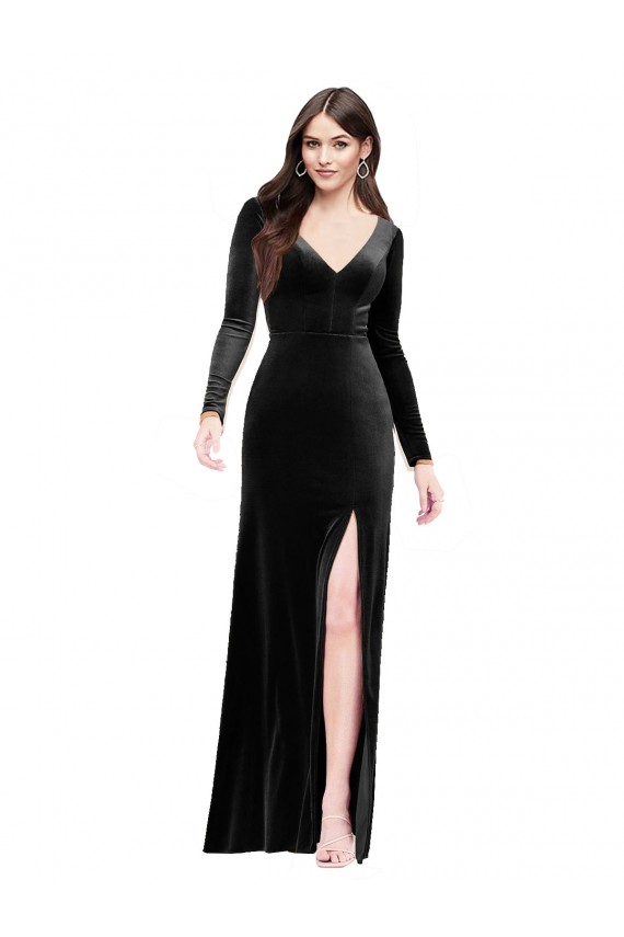 Affordable Column V-Neck Stretch Velvet Long Black Formal Evening Dress Canada