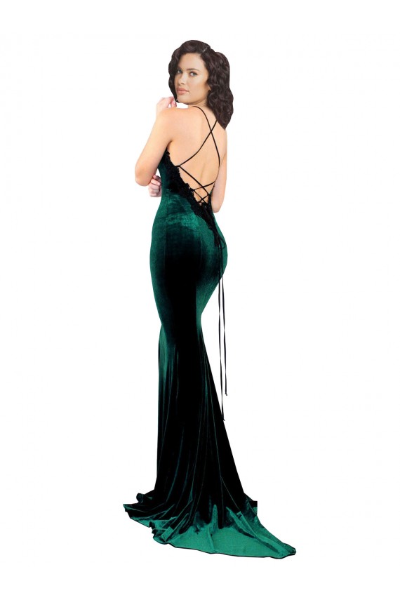 Affordable Mermaid High Neck Stretch Velvet Sweep Train Dark Green Formal Evening Dress Canada