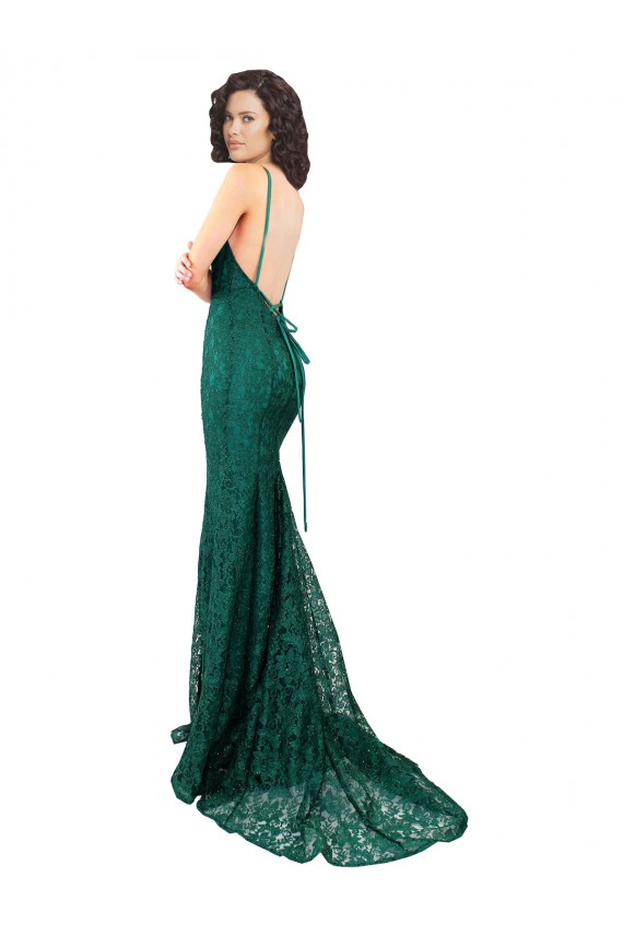 Affordable Mermaid V-Neck Lace Long Dark Green Black Tie Evening Dress Canada