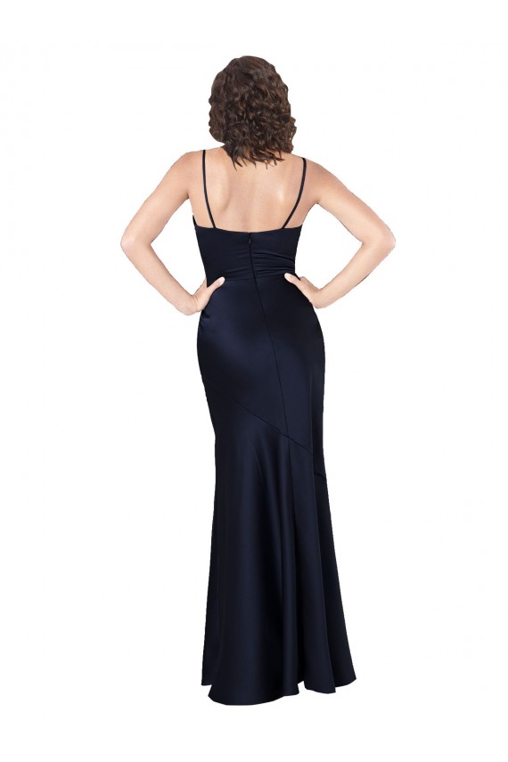Affordable A-Line Cowl Neck Silky Satin Long Dark Navy Black Tie Evening Dress Canada