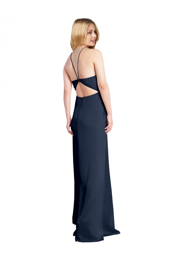 Affordable A-Line Halter Neck Stretch Satin Long Dark Navy Formal Evening Dress Canada