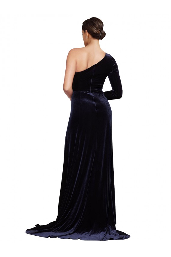 Affordable A-Line One Shoulder Stretch Velvet Sweep Train Dark Navy Formal Evening Dress Canada