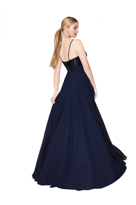Affordable A-Line High Neck Soft Chiffon & Sequin Long Dark Navy Semi Formal Evening Gown Canada
