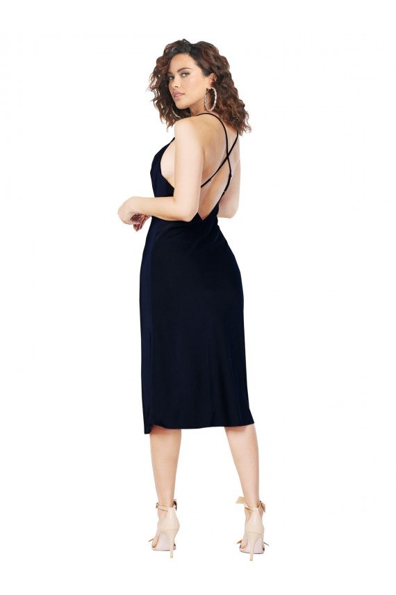 Affordable A-Line Cowl Neck Silky Satin Midi Length Dark Navy Formal Evening Dress Canada