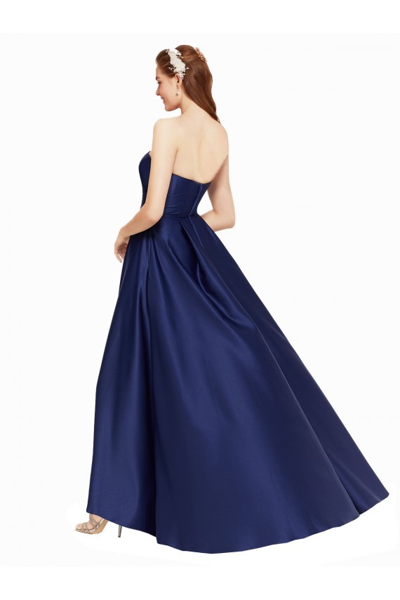 Affordable A-Line Strapless Satin Long Dark Navy High Low Evening Dress Canada