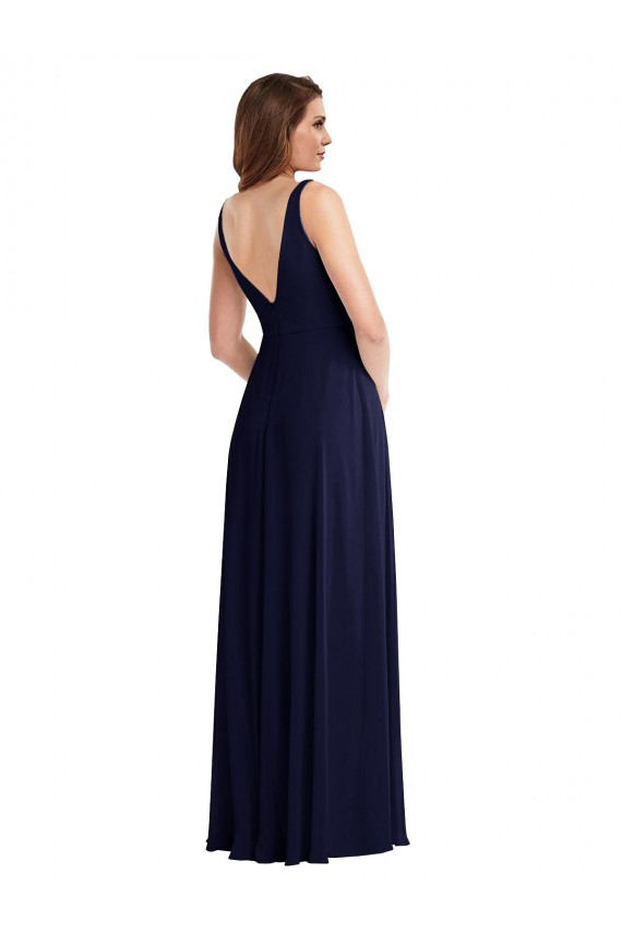 Affordable A-Line V-Neck Soft Chiffon Long Dark Navy Black Tie Evening Dress Canada